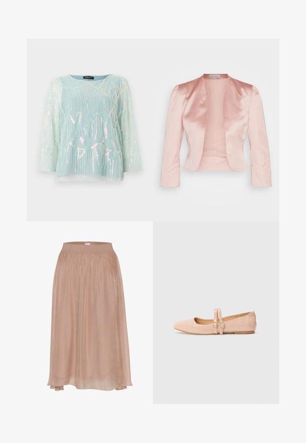 Veste en satin rose clair au design ajusté, col châle, manches longues et ouverture sur le devant, avec une texture lisse et sans fermetures.; Haut bleu clair avec manches longues transparentes, présentant des motifs complexes de méduses pailletées et un col rond, offrant une apparence douce et texturée.; Jupe fluide rose clair en tissu doux avec une taille élastique. Présente une coupe droite et un ourlet arrière légèrement plus long.; Ballerines en cuir verni rose pâle avec un bout pointu, dotées de deux brides ajustables et d'une semelle plate en caoutchouc.