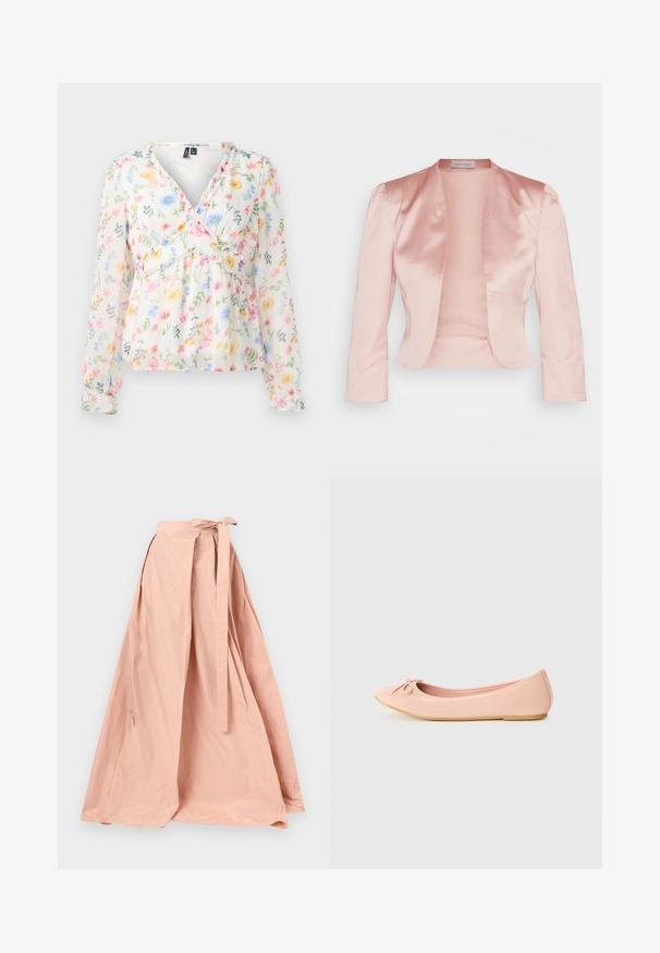 Veste en satin rose clair au design ajusté, col châle, manches longues et ouverture sur le devant, avec une texture lisse et sans fermetures.; Blouse fleurie en tissu léger et transparent, ornée de fleurs aux couleurs pastel et de feuilles vertes. Encolure en V, manches longues avec poignets froncés et détails à volants.; Jupe portefeuille longue couleur pêche avec ceinture nouée à la taille, présentant une silhouette fluide en A et une texture de tissu douce.; Ballerine en matériau synthétique rose clair avec un bout arrondi, ornée d'un petit nœud et d'une semelle flexible.