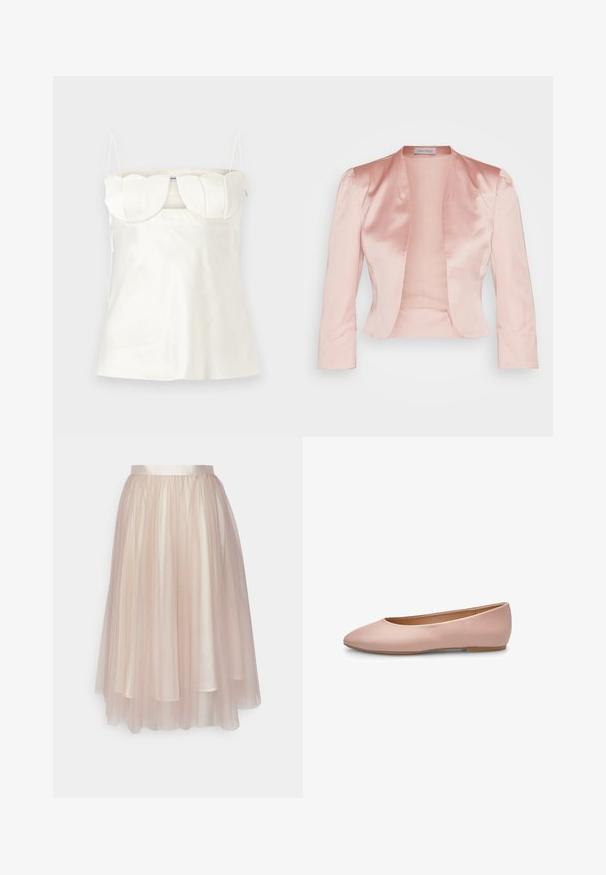 Lys pink satinjakke med skræddersyet design, sjalskrave, lange ærmer og åben front, der har en glat tekstur og ingen lukninger.; Hvid satin camisole med justerbare stropper, en struktureret, scalloped buste og en lige kant. Glat tekstur og minimalistisk design.; Ida Sjöstedt FLAWLESS SKIRT - A-snit nederdel - warm beige; Lyserød ballerina i læder med spids tå, glat tekstur, få detaljer og en solid lys brun sål. Enkelt design uden pynt.