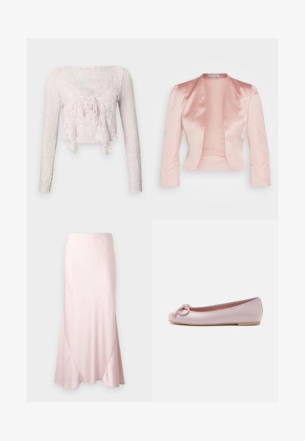 Veste en satin rose clair au design ajusté, col châle, manches longues et ouverture sur le devant, avec une texture lisse et sans fermetures.; Haut court en dentelle rose clair avec manches longues, décolleté en V, et un détail à nouer à l'avant. Motif floral texturé sur l'ensemble.; Jupe midi en satin rose clair avec une silhouette évasée en A et des détails subtils de coutures diagonales sur un fond uni.; Ballerine en cuir verni rose clair avec bout arrondi, nœud en corde torsadée sur le devant et semelle basse beige sur fond blanc.