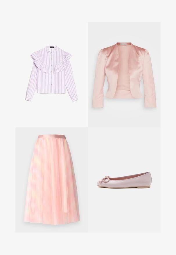 Veste en satin rose clair au design ajusté, col châle, manches longues et ouverture sur le devant, avec une texture lisse et sans fermetures.; Chemise blanche à rayures verticales roses, col à volants et boutonnage devant. Manches longues avec poignets rayés. Le tissu semble lisse et léger.; Ida Sjöstedt FLAWLESS SKIRT - Jupe trapèze - pink; Ballerine en cuir verni rose clair avec bout arrondi, nœud en corde torsadée sur le devant et semelle basse beige sur fond blanc.