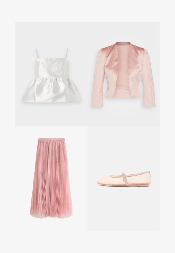 Chaqueta de satén rosa claro con un diseño entallado, cuello chal, mangas largas y un frente abierto, con una textura suave y sin cerraduras.; Top de satén blanco con tirantes finos y un corsé ajustado que se ensancha en un dobladillo de peplum fruncido, textura suave con un ligero brillo.; Falda midi plisada rosa con una capa inferior de encaje y cinturilla fruncida, mostrada sobre un fondo blanco.; Zapato plano beige claro con punta puntiaguda y una sola correa con hebilla lateral, mostrado sobre un fondo blanco liso.