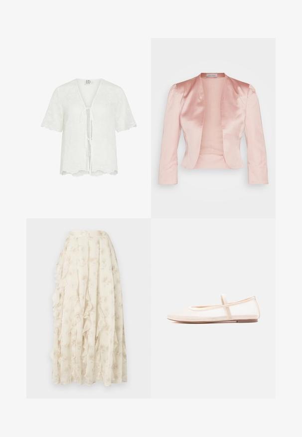 Veste en satin rose clair au design ajusté, col châle, manches longues et ouverture sur le devant, avec une texture lisse et sans fermetures.; Blouse blanche à manches courtes avec broderie florale, bords festonnés, col en V et fermetures à nouer à l'avant.; Longue jupe crème avec un motif floral subtil et des détails à volants en cascade, fabriquée en tissu léger et transparent.; Ballerines avec une tige en mesh beige transparent et une bride en satin, dotées d'un bout arrondi et d'une semelle basse marron. Design léger et flexible.