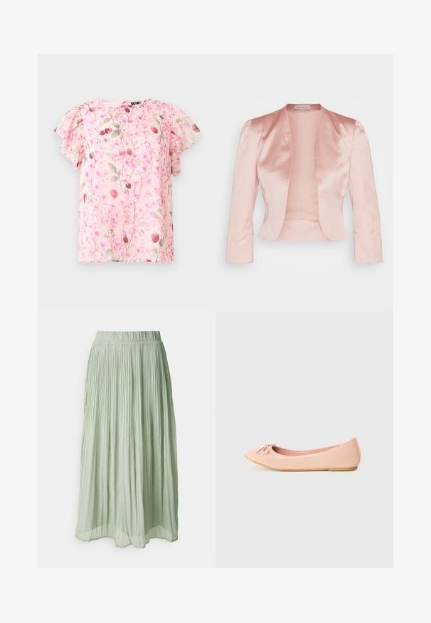 Veste en satin rose clair au design ajusté, col châle, manches longues et ouverture sur le devant, avec une texture lisse et sans fermetures.; Blouse rose clair à manches courtes avec un motif floral et fraises délicat, dotée de manches à volants et d'un col rond.; Jupe midi plissée en tissu vert clair avec une texture douce. Taille élastique, design fluide et léger éclat partout.; Ballerine en matériau synthétique rose clair avec un bout arrondi, ornée d'un petit nœud et d'une semelle flexible.