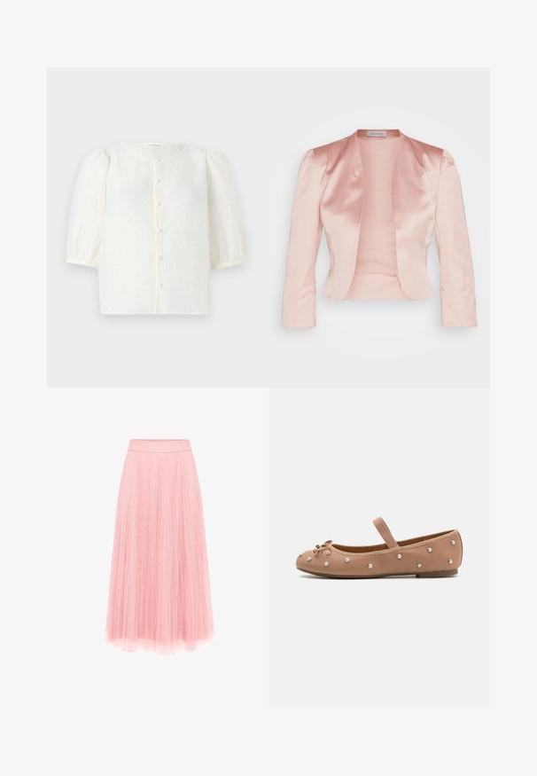 Lys pink satinjakke med skræddersyet design, sjalskrave, lange ærmer og åben front, der har en glat tekstur og ingen lukninger.; Hvid bluse med struktureret stof, rund halsudskæring og korte pufærmer. Har en frontåbning med små, runde knapper.; zero MIT PLIESSENDEM BECHER - Pliceret nederdel /Nederdele med folder - bridal rose; Brune læder ballet flad med en rund tå, der har en dekorativ sløjfe og perle accenter langs siderne. Elastisk rem for sikker pasform.