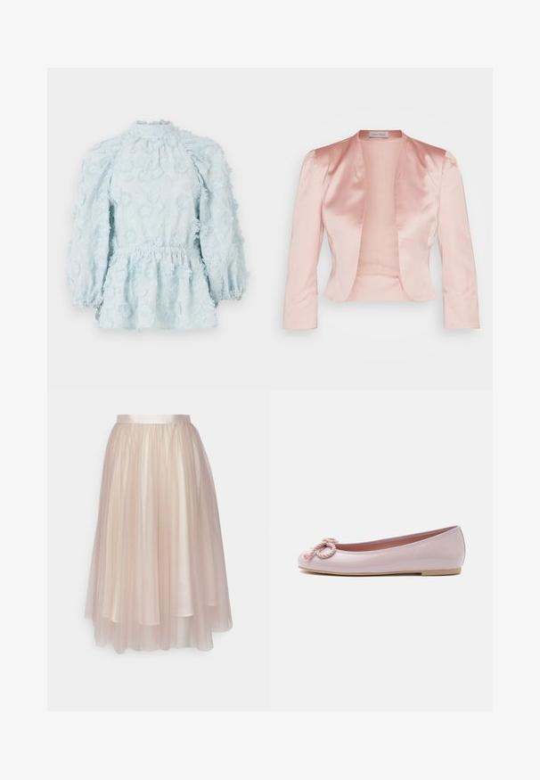 Lys pink satinjakke med skræddersyet design, sjalskrave, lange ærmer og åben front, der har en glat tekstur og ingen lukninger.; Lyseblå bluse med blomsterbroderi, samlet talje, høj hals og puffede ærmer, lavet af tekstureret stof.; Ida Sjöstedt FLAWLESS SKIRT - A-snit nederdel - warm beige; Lyserød lakballerina med rundet tå, snoet snøre sløjfe foran og lav beige sål på hvid baggrund.