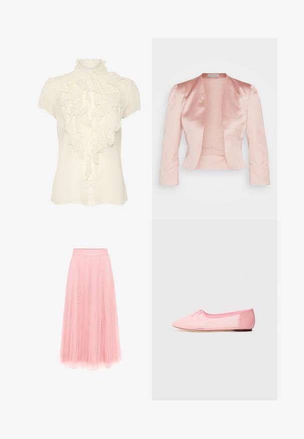 Veste en satin rose clair au design ajusté, col châle, manches longues et ouverture sur le devant, avec une texture lisse et sans fermetures.; Blouse crème en tissu léger, avec un devant à volants, un col haut, des manches courtes et un fermoir à boutons.; zero MIT PLIESSENDEM BECHER - Jupe plissée - bridal rose; Ballerine rose en tissu doux, avec un bout pointu et un petit nœud sur le dessus, dotée d'une semelle basse et flexible.
