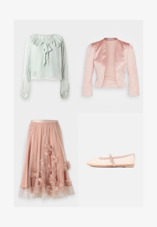 Lichtroze satijnen jack met een op maat ontworpen snit, sjawlnek, lange mouwen en een open voorkant, met een zachte textuur en zonder sluitingen.; Lichtgroene blouse met een gerimpelde halslijn, strikdetail en lange mouwen. Gemaakt van zachte, vloeiende stof met gerimpelde manchetten.; Tule rok in zachtroze met een satijnen tailleband. Voorzien van gelaagde doorschijnende stof en driedimensionale bloemapplicaties verspreid over het geheel.; Licht beige platte schoen met een puntige neus en een enkele gesp aan de zijkant, weergegeven op een effen witte achtergrond.