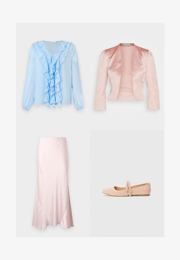 Lys pink satinjakke med skræddersyet design, sjalskrave, lange ærmer og åben front, der har en glat tekstur og ingen lukninger.; Lyseblå bluse med V-hals og rynket frontdetalje. Lange ærmer har elastiske manchetter, og stoffet ser glat og letvægtigt ud.; Lyserød satin midi-nederdel med A-formet silhuet og fine diagonale sømdetaljer på en ensfarvet baggrund.; Sart rosa patentlæder balletflade med spids tå, der har to justerbare remme og en lav, flad gummisål.