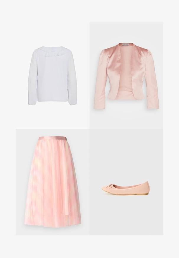 Kerge roosa satiinjakk, millel on kohandatud disain, šaalikaelus, pikad varrukad ja avatud eesmine osa, millel on sile tekstuur ja ilma kinnitusteta.; Valge pikakä sleeve blouse ruffles kraega, sile tekstuur ja elastsete mansettidega. Lihtne, puhas disain sobib erinevateks juhtudeks.; Ida Sjöstedt FLAWLESS SKIRT - A-lõikeline seelik - pink; Kerged balletikingad heleda roosa sünteetilise materjaliga, ümmarguse toe ja väikese paelaga detailiga, paindliku tallaga.