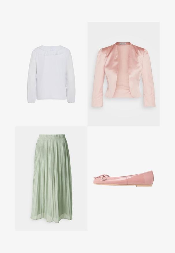 Veste en satin rose clair au design ajusté, col châle, manches longues et ouverture sur le devant, avec une texture lisse et sans fermetures.; Blouse blanche à manches longues avec un col à volants, texture lisse et poignets élastiqués. Design simple et épuré, adapté à diverses occasions.; Jupe midi plissée en tissu vert clair avec une texture douce. Taille élastique, design fluide et léger éclat partout.; Ballerines en cuir verni rose avec un bout arrondi, détail en corde à l'avant et semelle en caoutchouc beige. Fini lisse et brillant sur l'ensemble.