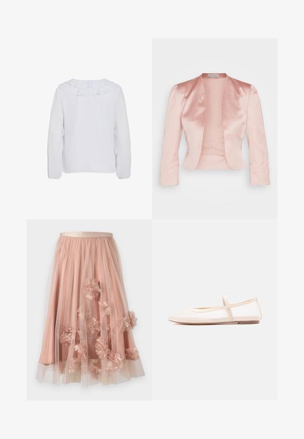 Lys pink satinjakke med skræddersyet design, sjalskrave, lange ærmer og åben front, der har en glat tekstur og ingen lukninger.; Hvid langærmet bluse med en flæset krave, glat tekstur og elastiske manchetter. Enkel, ren design der egner sig til forskellige anledninger.; Tylskørt i blød lyserød med satinbånd i taljen. Har lag af gennemsigtigt stof og tredimensionelle blomsterapplikationer over det hele.; Ballerinasko med en gennemsigtig beige mesh-overdel og en satinrem, der har en rundet tå og en lav brun sål. Let og fleksibelt design.