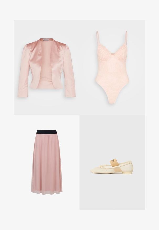 Kerge roosa satiinjakk, millel on kohandatud disain, šaalikaelus, pikad varrukad ja avatud eesmine osa, millel on sile tekstuur ja ilma kinnitusteta.; IN THE STYLE LINGERIE BODYSUIT - Topp - rosé; Roosa pahkluu pikkusega seelik läbipaistva välimise kihiga ja laia musta elastse vöökohaga.; Kreemjas toonis lame king, terava nina, nööridega detail ja dekoratiivne rihm logoga küljel. Sile tekstuur, madal konts.