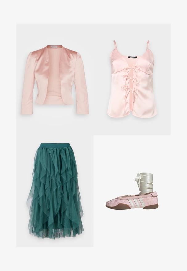 Chaqueta de satén rosa claro con un diseño entallado, cuello chal, mangas largas y un frente abierto, con una textura suave y sin cerraduras.; Top de satén rosa con tirantes ajustables, que presenta un cierre frontal con lazo y un diseño con escote en V. Textura suave y líneas limpias.; Falda de tul verde azulado con volantes en capas, que cuenta con una cinturilla elástica y una textura fluida. La tela es ligera y transparente.; Zapato bailarina rosa con textura floral, detalles en cuero blanco y tres rayas blancas. Cuenta con una suela suave y una cinta para atar.