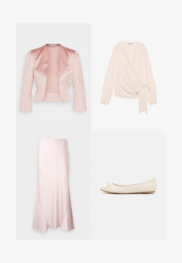 Veste en satin rose clair au design ajusté, col châle, manches longues et ouverture sur le devant, avec une texture lisse et sans fermetures.; Enveloppez le haut dans un tissu doux et léger de couleur rose pâle. Il présente des manches longues, un lien à la taille et un drapé délicat à l'avant.; Jupe midi en satin rose clair avec une silhouette évasée en A et des détails subtils de coutures diagonales sur un fond uni.; Ballet flats de couleur crème avec un bout arrondi, un petit nœud sur le devant et une semelle beige texturée. Matériau synthétique lisse.