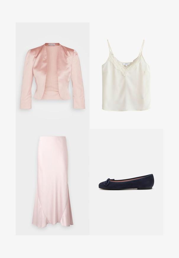 Lys pink satinjakke med skræddersyet design, sjalskrave, lange ærmer og åben front, der har en glat tekstur og ingen lukninger.; Kremfarvet ærmeløs camisole med tynde stropper og blonder langs V-udskæringen, vist på en ensfarvet baggrund.; Lyserød satin midi-nederdel med A-formet silhuet og fine diagonale sømdetaljer på en ensfarvet baggrund.; Mørkeblå ruskinds ballet flade med rund tå og knyttet detalje på tåen. Lav, fleksibel sål for komfort. Simpel og strømlinet design.