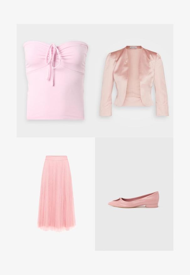 Lys pink satinjakke med skræddersyet design, sjalskrave, lange ærmer og åben front, der har en glat tekstur og ingen lukninger.; Hollister Co. TIE FRONT TUBE - Top - light pink; zero MIT PLIESSENDEM BECHER - Pliceret nederdel /Nederdele med folder - bridal rose; Lyserød laklæderballerina med spids tå, der har en lille sløjfedetalje på vampen og en lav, firkantet hæl.