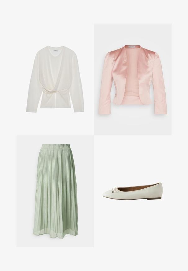 Chaqueta de satén rosa claro con un diseño entallado, cuello chal, mangas largas y un frente abierto, con una textura suave y sin cerraduras.; Top de punto blanco con escote en V, mangas largas y un diseño frontal retorcido. La tela presenta una fina textura de canalé.; Falda midi plisada de tela verde claro con una textura suave. Cintura elástica, diseño fluido y un brillo sutil en toda la prenda.; Zapato de ballet plano blanco para mujer con puntera redondeada y pequeño detalle de lazo en la parte superior, mostrado en perfil lateral sobre un fondo blanco.