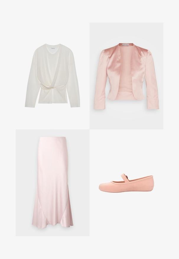 Chaqueta de satén rosa claro con un diseño entallado, cuello chal, mangas largas y un frente abierto, con una textura suave y sin cerraduras.; Top de punto blanco con escote en V, mangas largas y un diseño frontal retorcido. La tela presenta una fina textura de canalé.; Falda midi de satén color rosa claro con una silueta en línea A y sutiles detalles de costuras diagonales sobre un fondo liso.; Zapato plano de color rosa suave con punta redondeada y una sola correa en la parte superior asegurada por una pequeña hebilla.