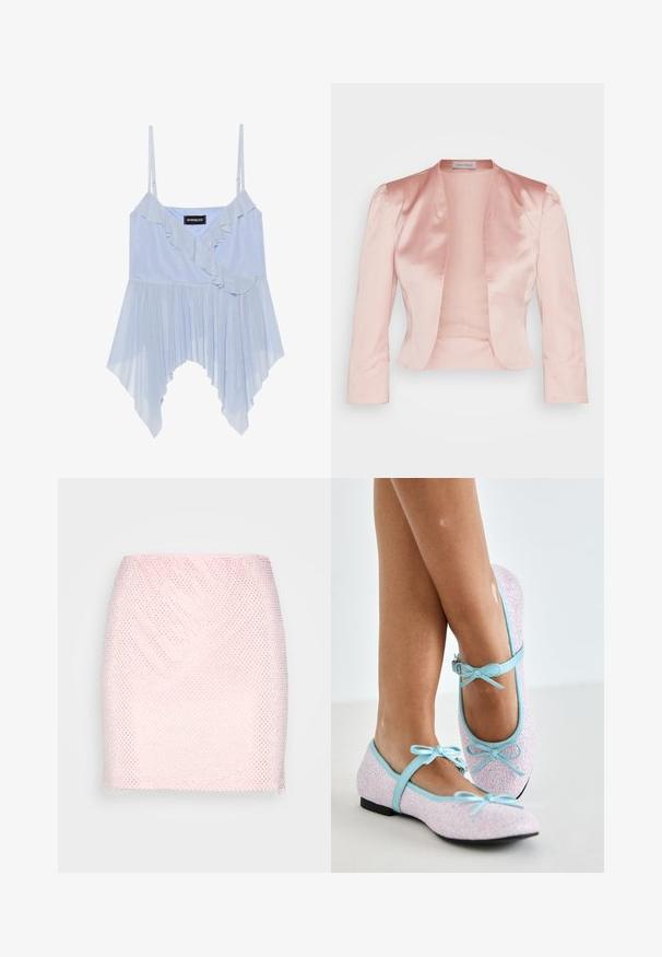 Veste en satin rose clair au design ajusté, col châle, manches longues et ouverture sur le devant, avec une texture lisse et sans fermetures.; Even&Odd by Zalando Débardeur - sky blue; Gina Tricot RHINESTONE SKIRT - Minijupe - pink; Ballet flats avec un revêtement pailleté rose, des bordures et des accents en cuir bleu, ornées de nœuds sur des sangles réglables et d'un petit talon noir.