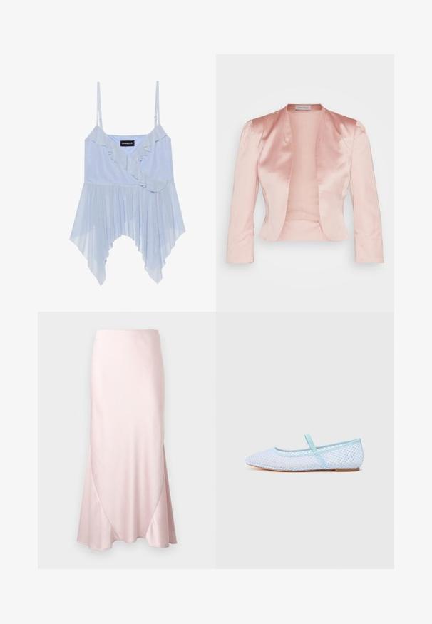 Lichtroze satijnen jack met een op maat ontworpen snit, sjawlnek, lange mouwen en een open voorkant, met een zachte textuur en zonder sluitingen.; Even&Odd Top - sky blue; Lichtroze satijnen midi-rok met een A-lijn silhouet en subtiele diagonale naaddetails op een effen achtergrond.; Blauwe mesh ballet flats met een dunne band en een gestructureerd oppervlak. Ronde neus, lichte zool en een ingewikkeld patroon over de bovenkant.