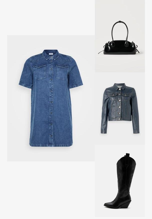 Chaqueta de mezclilla azul oscuro con un diseño recortado, que presenta botones plateados, dos bolsillos en el pecho, y acentos de costura visibles. Textura suave.; Vestido de camisa de mezclilla en azul oscuro, con mangas cortas, dos bolsillos en el pecho, cierre de botones en la parte delantera y un corte recto.; Bota de vaquero de cuero negro con punta puntiaguda, tacón bloqueado inclinado, costuras decorativas y lengüetas en la parte superior sobre fondo blanco.; Pequeño bolso negro brillante con dos asas largas y detalles de cordón lateral sobre un fondo claro liso.