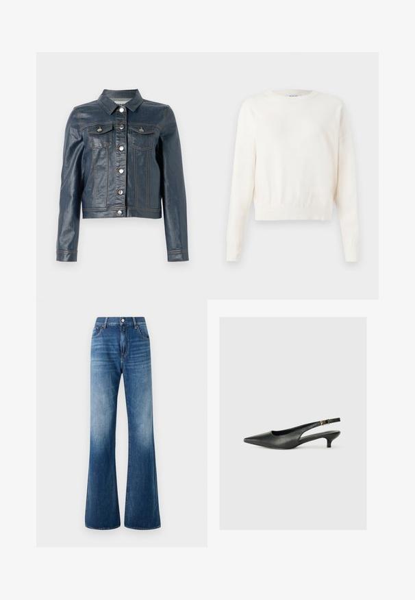Dunkelblaue Jeansjacke mit einem cropped Design, ausgestattet mit silbernen Knöpfen, zwei Brusttaschen und sichtbaren Nähtelementen. Glatte Textur.; Weißer, verkürzter Pullover mit langen Ärmeln, rundem Ausschnitt und gerippten Bündchen. Weiche Textur und schlichtes Design. Markenlabel sichtbar am Ausschnitt.; Ausgestellte blaue Jeans aus Denim mit ausgewaschenem Look, fünf Taschen, Gürtelschlaufen und Knopfverschluss vorne. Glatte Textur und klassischer Schnitt.; Schwarzer Slingback-Schuh mit spitzem Zehenbereich aus glattem Leder. Mit einem dünnen Absatz und einer dekorativen Schnalle am verstellbaren Riemen.