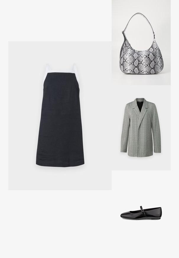 Blazer en pied-de-poule gris avec un col à revers, fermeture à un bouton et manches longues. Présente un tissu texturé avec un léger éclat.; Robe sans manches, de longueur genou, en lin foncé. Présente des bretelles blanches et un design simple. Texture lisse et coupe droite.; Ballerines en cuir verni noir, avec un bout pointu et une fine sangle de cheville ornée d'une boucle carrée. Texture lisse et brillante.; Sac à épaule en simili cuir noir et blanc avec imprimé serpent, de forme arrondie, texture lisse et bandoulière incurvée. Présente un accent en matériel argenté.