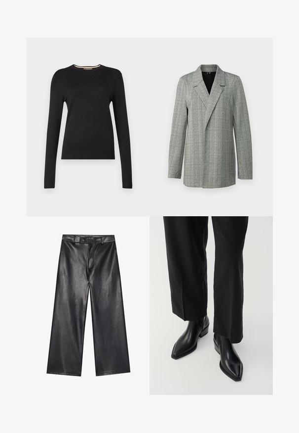 Sivý houndstooth blazer s špicatým klopom, jednostranným zapínaním a dlhými rukávmi. Obsahuje textúrovanú tkaninu s jemným leskom.; Čierny sveter s dlhým rukávom vyrobený z hladkého pleteného materiálu. Má rebrovaný výstrih a manžety, s priliehavým strihom a bez viditeľných vzorov.; Čierne kožené široké nohavice s hladkou textúrou, pútka na opasok a predným zipsom. Majú voľný strih a čisté švy.; Čierne kožené členkové čižmy s špicatou špičkou, hladkou textúrou a štvorcovým podpätkom. Spárované s čiernymi širokými nohavicami, čím vytvárajú elegantný siluet.