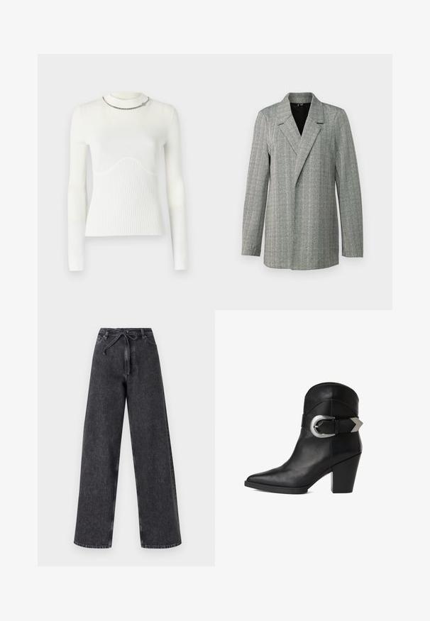 Sivý houndstooth blazer s špicatým klopom, jednostranným zapínaním a dlhými rukávmi. Obsahuje textúrovanú tkaninu s jemným leskom.; Biely sveter s dlhým rukávom a rebrovanou textúrou, ktorý má vlnkový vzor na hrudi a strieborný reťazový detail na výstrihu.; Vysoké, široké čierne deninové džínsy s uťahovacím pásom. Obsahujú vyblednutú textúru a jemné švy.; Čierne kožené členkové topánky s špicatou špičkou, masívnym podpätkom a širokým remienkom so zaoblenou striebornou sponou na boku. Hladká textúra.
