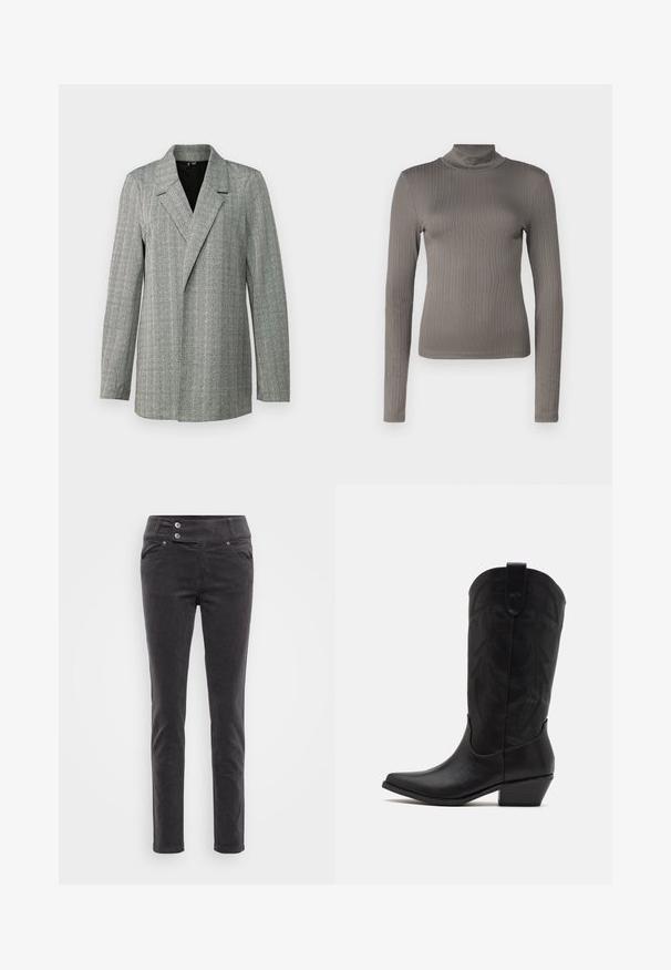 Sivý houndstooth blazer s špicatým klopom, jednostranným zapínaním a dlhými rukávmi. Obsahuje textúrovanú tkaninu s jemným leskom.; Šedý rebrovaný dlhý rukáv rolák s priliehavým strihom a jemnou textúrou. Má vysoký golier a úzky siluetu.; Čierne kordové úzke nohavice s hladkou textúrou, s dvojitým gombíkom v páse a prednými vreckami. Klasický dizajn pre všestranné nosenie.; Čierne kožené kovbojské čižmy s špicatou špičkou, nízkym stohovaným podpätkom a zložitým embosovaným vzorom listov na holeni. Očko na vrchu pre jednoduché obúvanie.