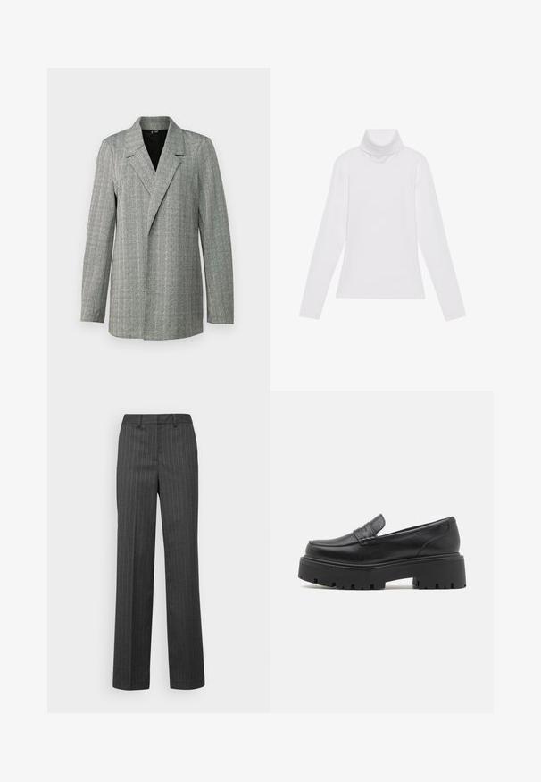 Sivý houndstooth blazer s špicatým klopom, jednostranným zapínaním a dlhými rukávmi. Obsahuje textúrovanú tkaninu s jemným leskom.; Biely dlhý rukáv v štýle roláka vyrobený z hladkej, elastickej tkaniny. Má vysoký golier a priliehavý strih, bez viditeľných vzorov alebo ozdôb.; Sivé pruhované nohavice so strihom rovného nohavice. Vyrobené z hladkej tkaniny, s pásom a bez viditeľných vreciek.; Čierne kožené mokasíny s nízkou, robustnou gumovou podrážkou, prešívanými detailmi na vrchu a hladkou textúrou.