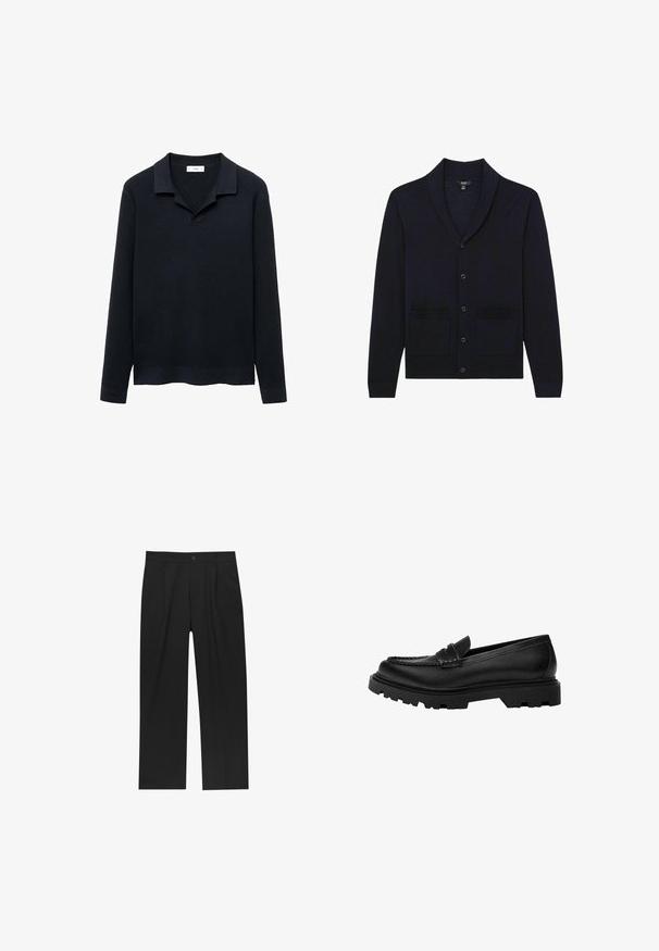 Marineblå cardigan med sjalskrave, knapfront og to frontlommer. Lavet af blødt stof med ribbede manchetter og bund.; Mørkeblå ribstrikket sweater med polo krave, lange ærmer, blød tekstur og en kant, der let buer opad. Let og afslappet design.; Sorte bukser med lige ben, lavet af et glat stof. Har frontfolder og en enkelt knaplukning i taljen.; Sorte læder loafers med en robust, struktureret sål. Har en dekorativ syet kant og en lav hæl for et moderne design.