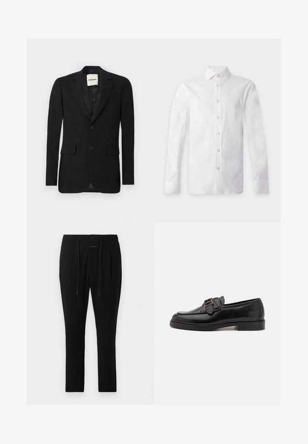 Sort blazer med et glat stof, klapkrave, to forlommer og to knapper. Har en satinforing og et mærke indeni.; Hvid langærmet skjorte med beige knapper, spids krave og knappede manchetter, vist fladt på en lys baggrund.; CLOSED VIGO TAPERED - Chino - dark night; Sorte læder loafers med rund tå og en dekorativ spændeaccent. Flad, solid hæl og glat tekstur hele vejen igennem.