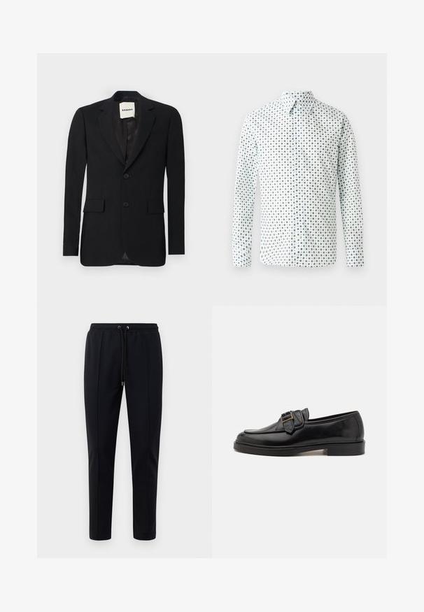 Zwarte blazer van een gladde stof, met notch revers, twee voorzakken en twee knopen. Heeft een satijnen interieur en een merklabel aan de binnenkant.; Witte blouse met lange mouwen, voorzien van een zwart geometrisch patroon, klassieke kraag, knoopsluiting en rechte zoom. Gemaakt van lichtgewicht stof.; Zwarte joggingsbroek van zacht, rekbaar materiaal. Beschikt over een elastische tailleband met trekkoord en taps toelopende pijpen. Geen zichtbare patronen.; Zwarte leren instappers met een ronde neus en een decoratieve gesp. Platte, stevige hak en een gladde textuur overal.