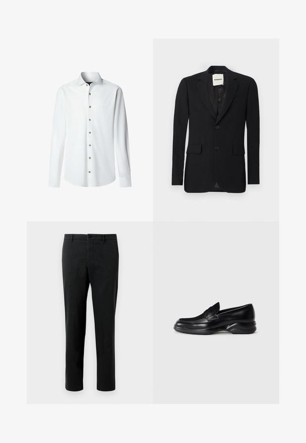 Sort blazer med et glat stof, klapkrave, to forlommer og to knapper. Har en satinforing og et mærke indeni.; Hvid langærmet skjorte lavet af glat stof med knaplukning fortil. Har en klassisk krave og messingfarvede knapper langs knapstolpen.; Sorte bukser lavet af stof med en glat tekstur, med klassisk pasform, knaplukning og sidelommer. Ingen mønstre eller detaljer.; Sorte læder loafers med en lav, tekstureret gummisål og et syet design på overdelen. Har en rund tå og minimale udsmykninger.
