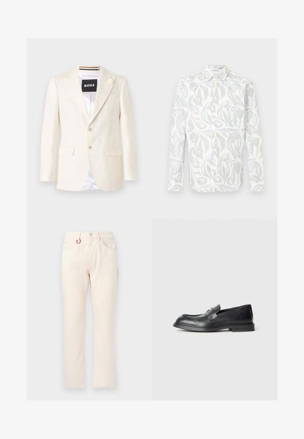 Blazer ajusté couleur crème avec revers crantés, deux poches à rabat à l'avant, deux boutons et un petit détail floral sur le revers gauche.; Chemise blanche à manches longues avec des boutons, ornée d'un motif abstrait de fleurs et de feuilles en gris et bleu clair.; Pantalon beige à jambe droite avec cinq poches, passants pour ceinture, fermeture par bouton et un porte-clés rouge attaché à la poche avant gauche.; Mocassins en cuir noir avec une finition texturée, dotés d'une bride décorative à l'avant et d'un bout arrondi. Semelle en caoutchouc pour plus de durabilité.