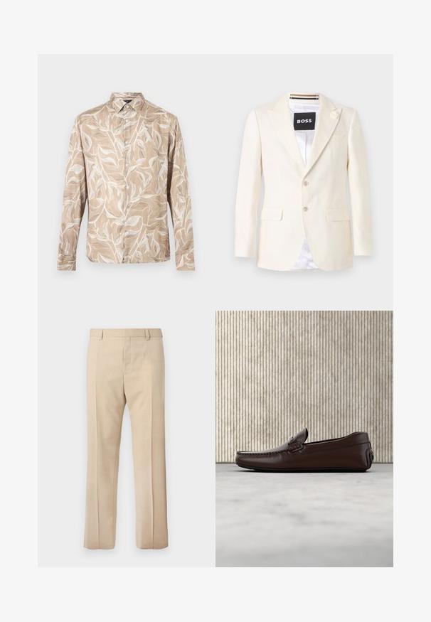 Blazer ajusté couleur crème avec revers crantés, deux poches à rabat à l'avant, deux boutons et un petit détail floral sur le revers gauche.; Chemise beige à manches longues avec boutons sur le devant, motif de vigne feuillue blanche et col pointu.; Pantalon beige sur mesure avec passants pour ceinture, pli devant et fermeture éclair dissimulée, présenté sur un fond uni.; Mocassins en cuir marron avec une finition lisse, des coutures de style mocassin, un bout rehaussé et une semelle en caoutchouc basse et flexible.