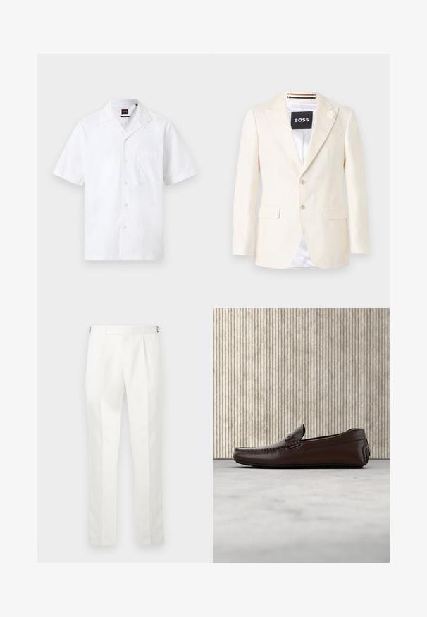 Blazer ajusté couleur crème avec revers crantés, deux poches à rabat à l'avant, deux boutons et un petit détail floral sur le revers gauche.; Chemise blanche pour homme à manches courtes, boutonnée à l'avant, avec une poche frontale et un col club.; Pantalon blanc sur mesure avec plis devant et pattes d'ajustement latérales, suspendu sur un fond uni.; Mocassins en cuir marron avec une finition lisse, des coutures de style mocassin, un bout rehaussé et une semelle en caoutchouc basse et flexible.