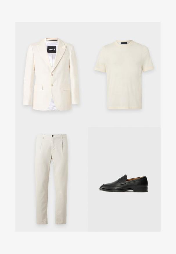 Kremfarvet skræddersyet blazer med hakkede revers, to frontlommer med klap, to knapper og et lille blomsterdetalje på venstre lapel.; Flødefarvet t-shirt med korte ærmer og rund hals, ensfarvet design, vist på en flad lys grå baggrund.; Beige bomuldsbukser med lige ben, der har en enkelt sort knaplukning og to forlommer. Glat tekstur.; Sort læder loafer med rund tå, diskret syning, og lav hæl, der har en glat tekstur og minimalistisk design.
