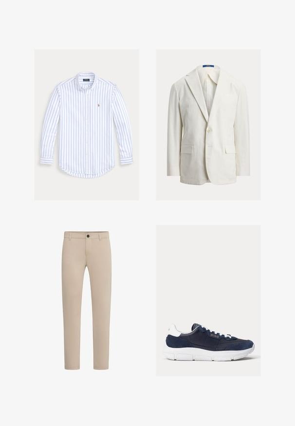 Blazer blanc à un bouton avec revers crantés, poches à rabat et étiquette Polo Ralph Lauren à l’intérieur du col.; Chemise à manches longues boutonnée avec des rayures verticales bleu clair et un petit logo brodé sur la poitrine gauche.; Pantalon beige slim fit avec fermeture bouton, passants pour ceinture et design uni, présenté de face sur fond blanc.; Baskets navy avec un mélange de cuir lisse et de daim sur le dessus, semelle en caoutchouc blanche, et lacets blancs contrastants avec un accent de logo sur le côté.