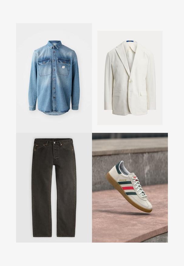 Blazer blanc à un bouton avec revers crantés, poches à rabat et étiquette Polo Ralph Lauren à l’intérieur du col.; Chemise en denim bleu clair à manches longues, avec deux poches sur la poitrine, fermeture à boutons à l'avant et des dessus de poche plus foncés en contraste. Présente un ourlet arrondi.; Jean en denim noir à jambes droites avec bouton et fermeture éclair à l’avant, cinq poches et rivets en cuivre sur fond gris clair.; Baskets blanches Adidas avec des rayures vertes et rouges, semelle en gomme, et marquage "SPEZIAL", flottant au-dessus d'un pavement en pierre.