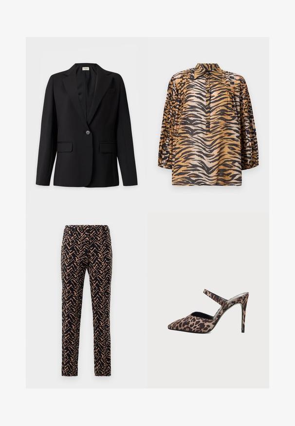 Blazer noir sur mesure avec un bouton unique, revers crantés, deux poches à rabat et une poche poitrine passepoilée, présenté sur un fond uni.; Blouse à manches longues avec manches plissées, motif imprimé tigre aux nuances d'orange, noir et beige, et patte de boutonnage à l'avant avec col pointu.; Pantalons slim fit à motif zigzag, dans des couleurs marine et beige, avec une texture lisse et une taille standard.; Mule à talon haut à bout pointu avec imprimé léopard et une fine bride unique sur le dessus du pied sur un fond uni.
