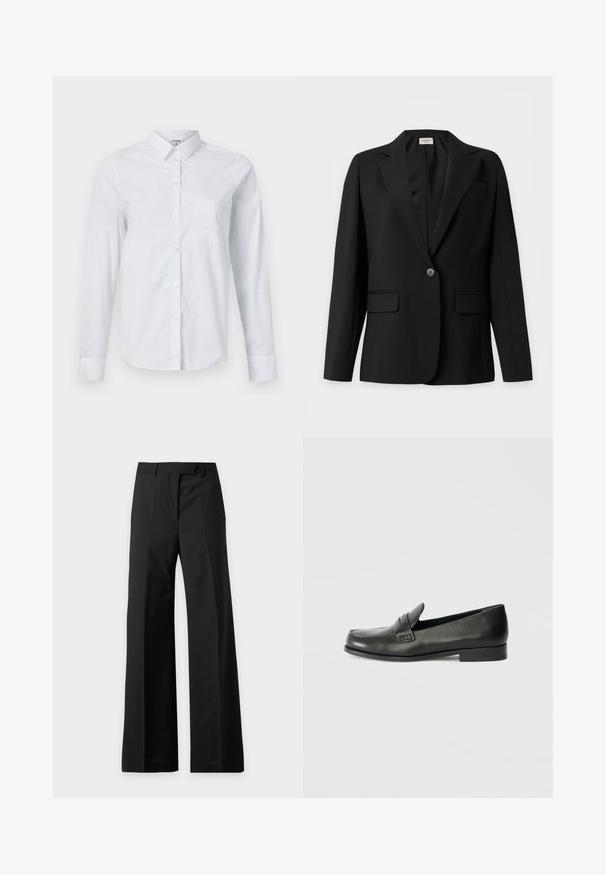 Zwarte op maat gemaakte blazer met enkele knoop, ingaande revers, twee klepzakken en een borstbieszak, weergegeven op een effen achtergrond.; Witte longsleeve overhemd van katoen, met kraag, knoopsluiting aan de voorkant en een borstzak. Gladde textuur. Geen patronen.; Zwarte hooggetailleerde broek met wijde pijpen, voorplooien en riemlussen, weergegeven tegen een witte achtergrond.; Zwarte leren instappers met een ronde neus, verhoogde stiksel details en een lage gestapelde hak. Gladde textuur met een subtiele glans.