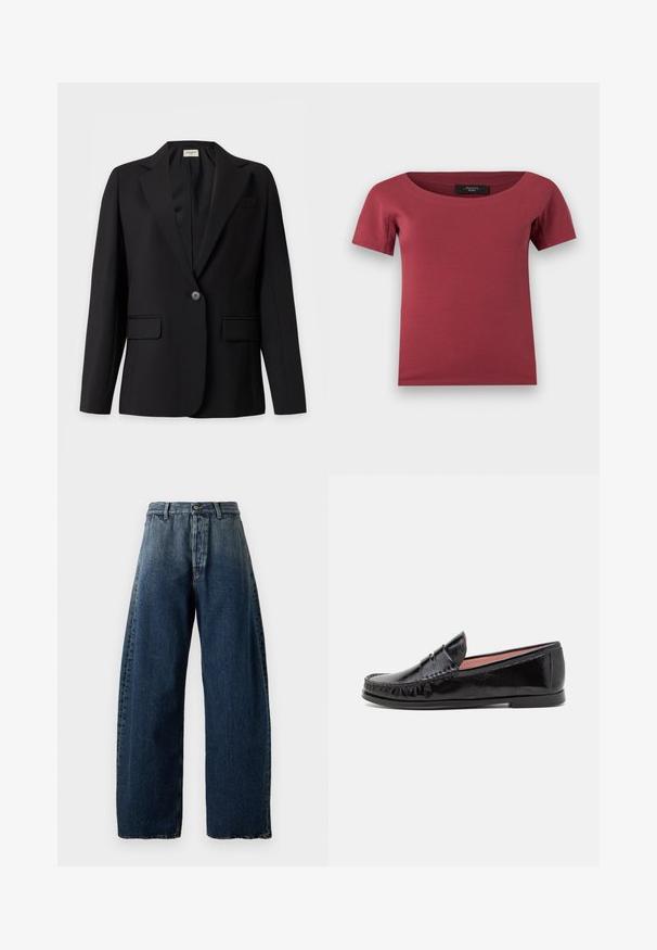 Blazer noir sur mesure avec un bouton unique, revers crantés, deux poches à rabat et une poche poitrine passepoilée, présenté sur un fond uni.; Haut pour femmes à manches courtes, de couleur rose foncé, avec un large décolleté en arrondi et une coupe ajustée, posé à plat sur un fond blanc.; Jean en denim bleu foncé taille haute, jambes larges, fermeture par bouton et zip, passants pour ceinture, texture subtilement délavée.; Mocassins en cuir verni noir avec un bout arrondi, des coutures décoratives sur le dessus et une semelle en caoutchouc basse et plate.