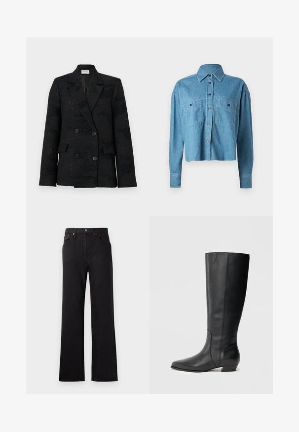 Henrik Vibskov MOTIF - Blazer - black; CLOSED CROPPED FRONT OVERSIZED - Skjortebluser - mid blue; Højtaljede sorte denimjeans med klokkeformede ben, der har synlige syninger, fem-lomme design og detaljer i kobberfarvet metal.; Sorte knæhøje læderstøvler med spids tå og lav blokhæl, med en glat tekstur og et rent, strømlinet design.