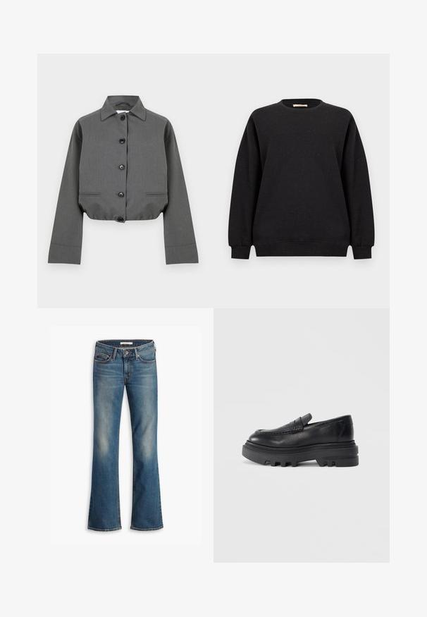 Veste grise courte en tissu texturé, avec un devant boutonné, un col pointu et deux poches avant discrètes.; Sweat-shirt noir à col rond, épaules tombantes et poignets côtelés. Tissu texturé avec de subtiles taches multicolores dispersées.; Jeans bootcut en denim bleu avec cinq poches et une fermeture à bouton, présentant des zones décolorées sur les cuisses et les genoux.; Mocassin en cuir noir avec une semelle épaisse noire et un détail de sangle texturé. La finition lisse et la forme arrondie renforcent son design contemporain.