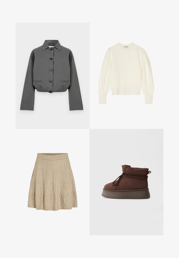 Kort grå jakke lavet af tekstureret stof med knaplukning foran, spids krave og to diskrete forlommer.; Cremefarvet sweatshirt med rund halsudskæring, pufærmer og tætsiddende manchetter. Lavet af blødt stof med en glat tekstur.; En kort, beige nederdel lavet af et blødt, tekstureret stof med en ribbet talje og let plissering nær kanten.; Brun polstret vinterstøvle med tyk sål og snøre lukning mod en ensfarvet lys baggrund.