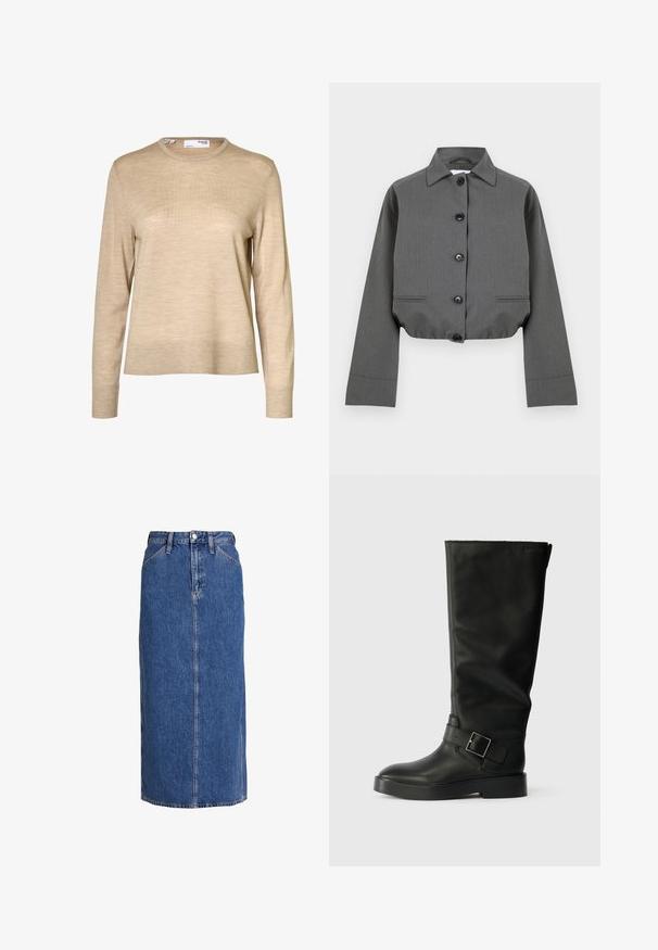 Veste grise courte en tissu texturé, avec un devant boutonné, un col pointu et deux poches avant discrètes.; Pull en laine beige à manches longues avec col rond et poignets et ourlet côtelés, présenté sur fond blanc.; Jupe midi en denim bleu moyen avec une coupe droite, fermeture à bouton sur le devant, deux poches latérales et des coutures visibles pour texturer.; Bottes noires jusqu'au genou en cuir lisse, dotées d'un bout rond, d'une semelle épaisse et d'une sangle horizontale avec un détail de boucle rectangulaire.