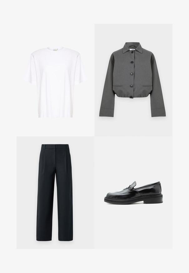 Veste grise courte en tissu texturé, avec un devant boutonné, un col pointu et deux poches avant discrètes.; Gestuz SAMURILLY - T-shirt basique - bright white; Pantalon noir ajusté avec une coupe droite, présentant des plis avant, une texture lisse et des passants de ceinture. Pas de poches visibles.; Mocassin en cuir noir à enfiler avec un petit talon et un bout carré arrondi, vu de côté sur un fond blanc uni.